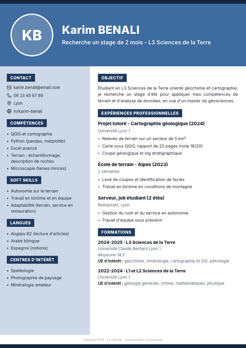 CV de Karim Benali, étudiant en L3 Sciences de la Terre