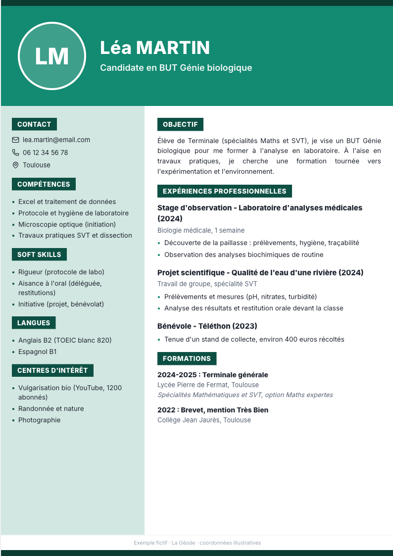 CV de Léa Martin, élève de Terminale candidate en BUT Génie biologique