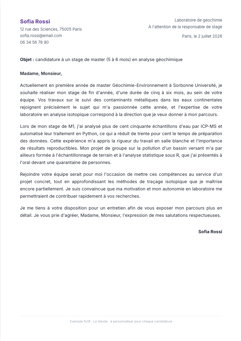 Exemple de lettre de motivation pour un stage de master, structure Vous Moi Nous