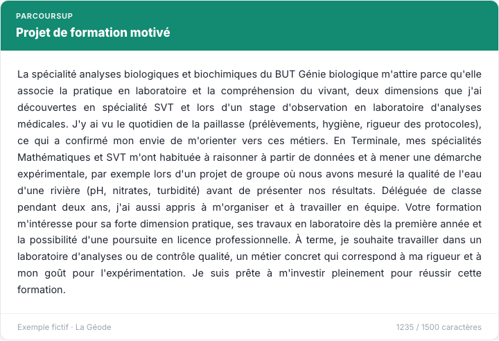 Exemple de projet de formation motivé Parcoursup pour un BUT Génie biologique